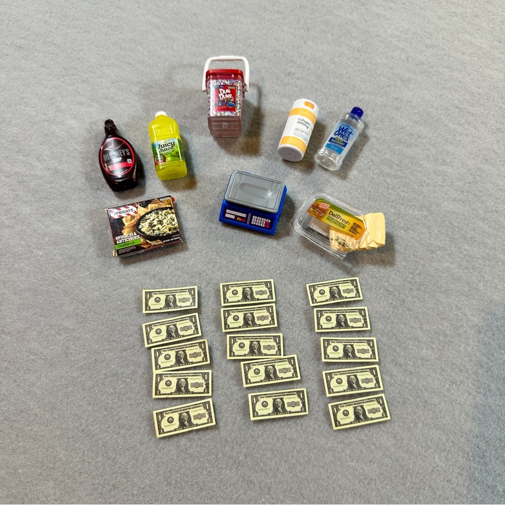 Mini Brands Lot 9pcs Food Accessories Scale‎ Dum Dums Hershey + Bonus Money